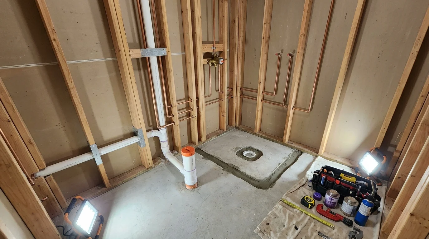 Bathroom rough-in plumbing during remodel by Johns Plumbing LLC in Clarksdale