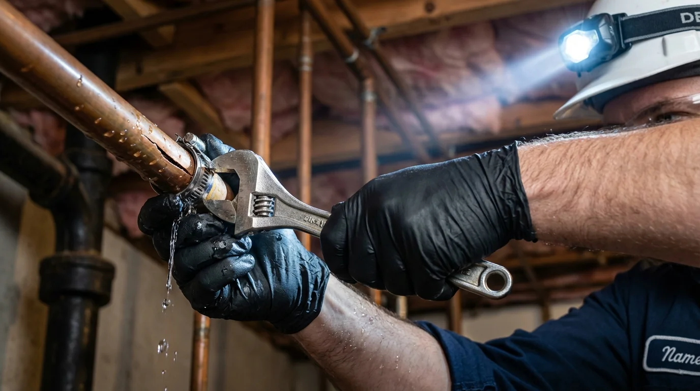 Emergency pipe clamp repair being performed by a Johns Plumbing LLC plumber in Clarksdale