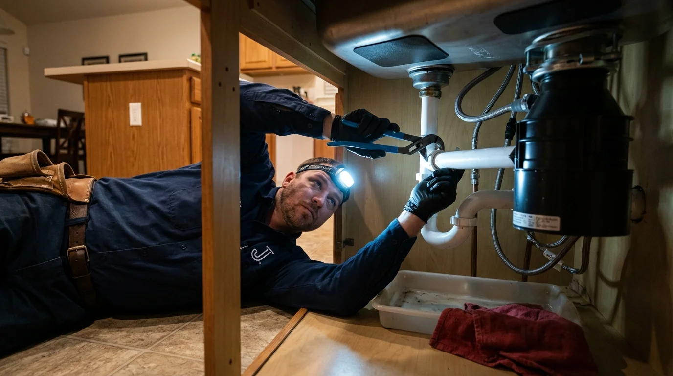 P-trap and supply line connections under a kitchen sink showing a common leak point in Clarksdale, MS